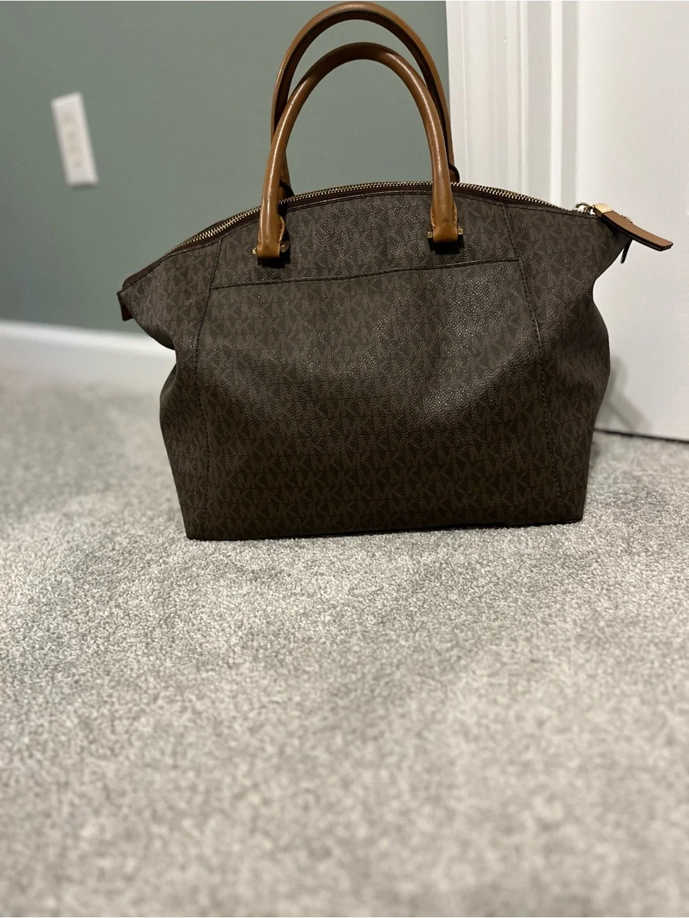 Michael Kors Brown and Tan Logo Satchel with Gold Hardware